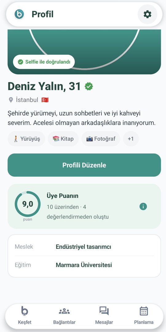 Bana Güven uygulaması — selfie ile doğrulanmış profil ekranı