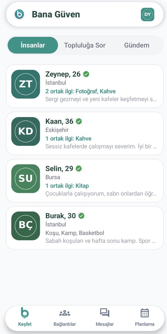 Bana Güven — doğrulanmış üyeleri keşfet ekranı