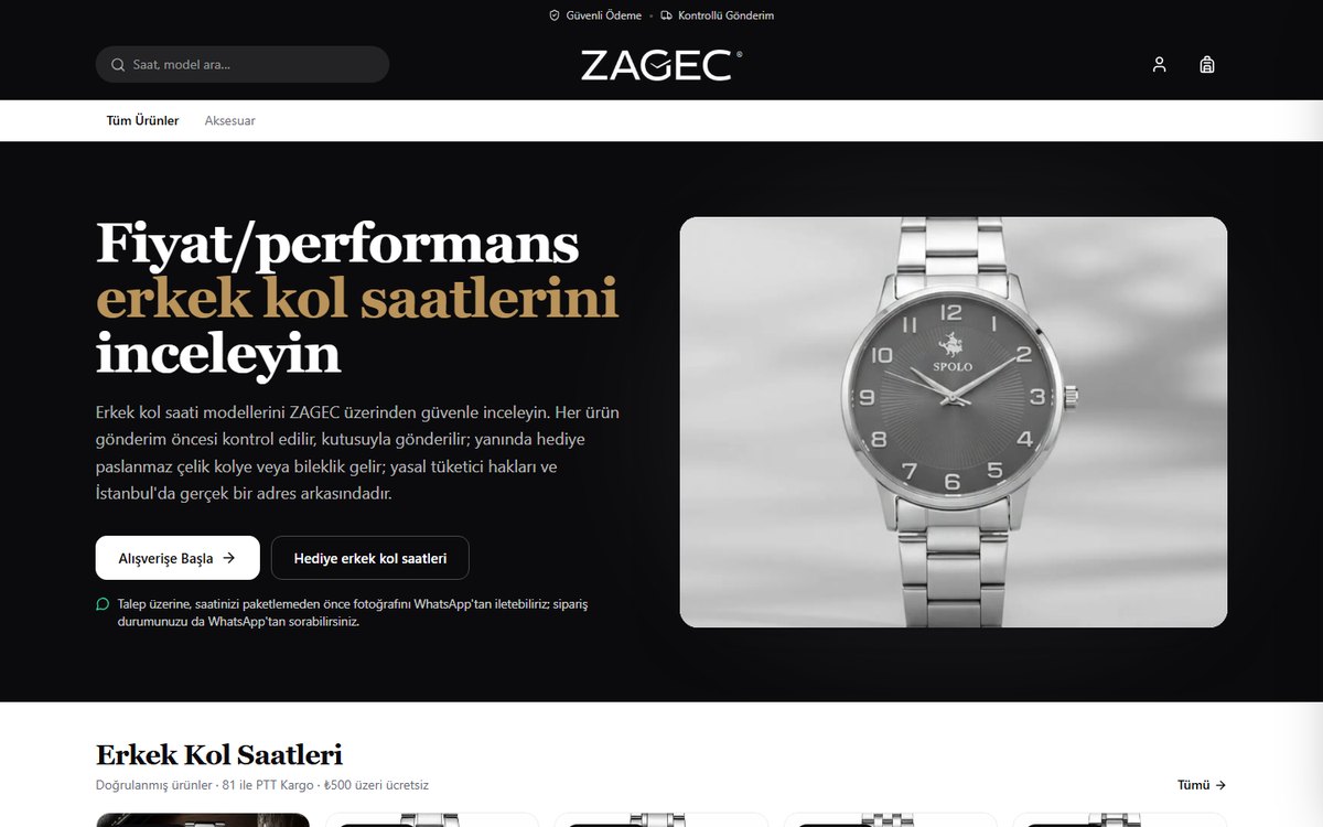 zagec.com — kurduğum erkek kol saati e-ticaret sitesi